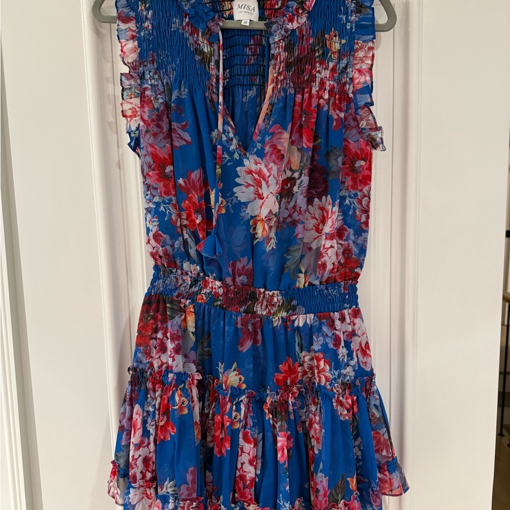 Misa Los Angeles Blue Pleated Sundress with Flutter Sleeves